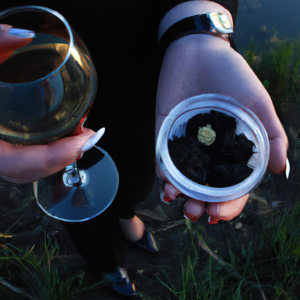 Person holding wine and caviar
