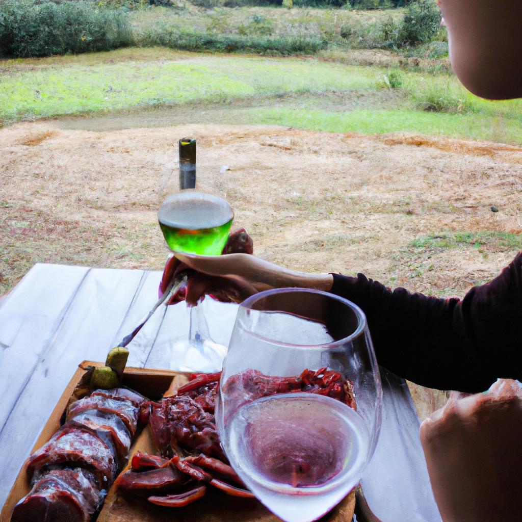 Person enjoying charcuterie and wine