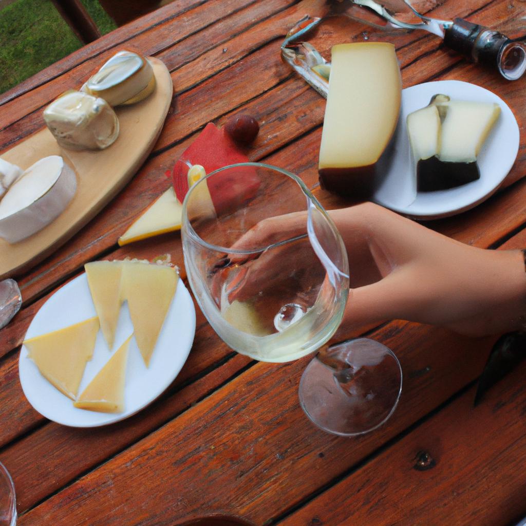 Person tasting cheese and wine