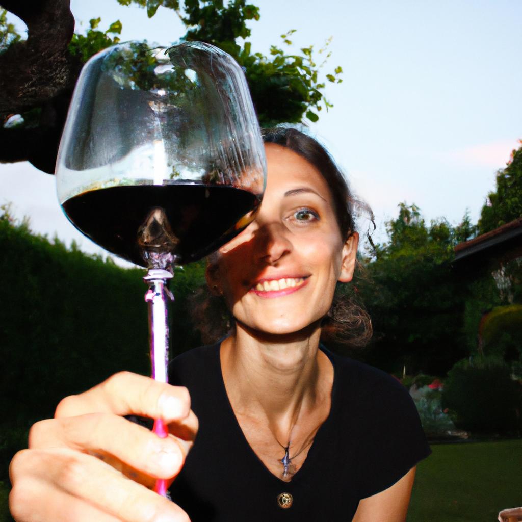 Person holding wine glass, smiling