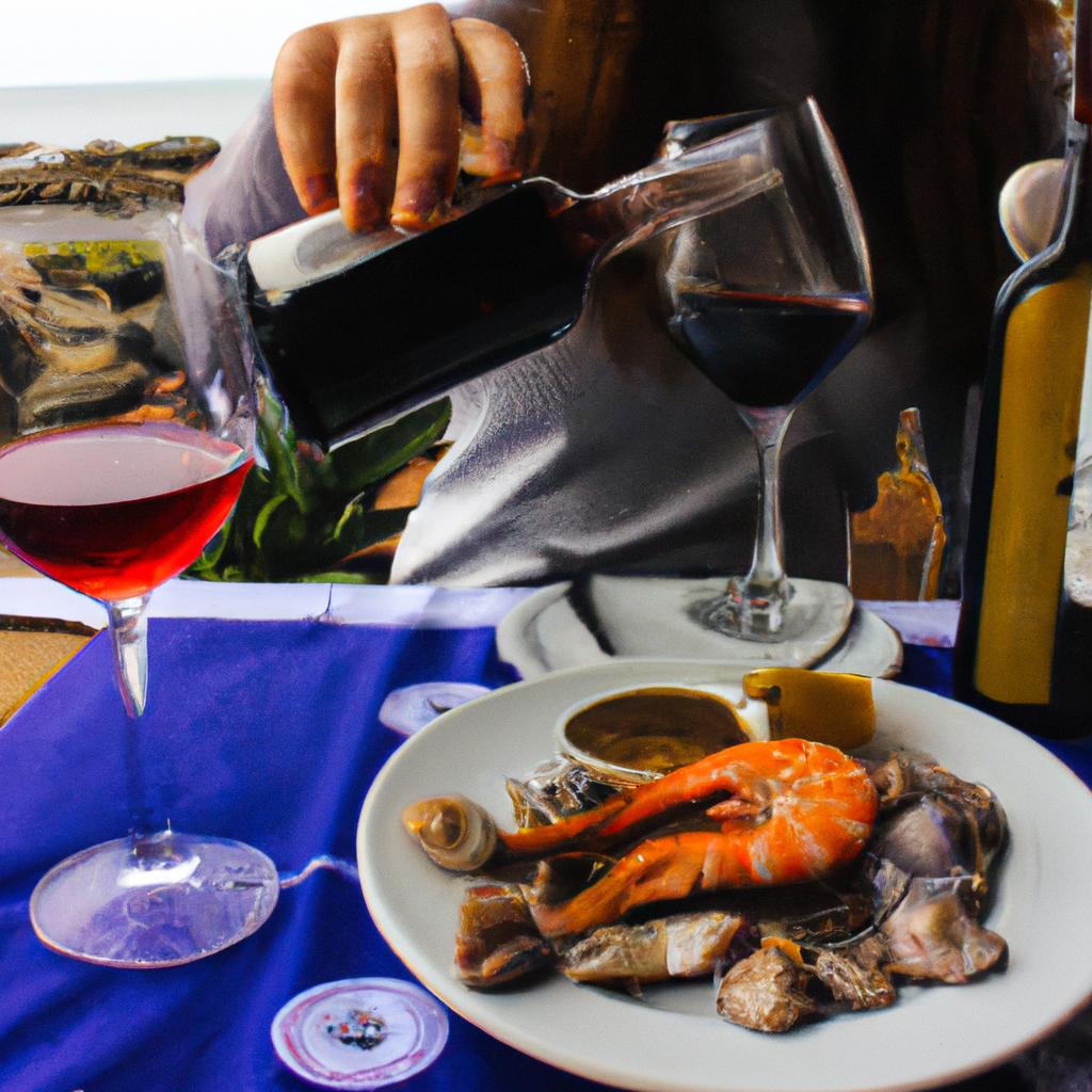 Person tasting wine and seafood