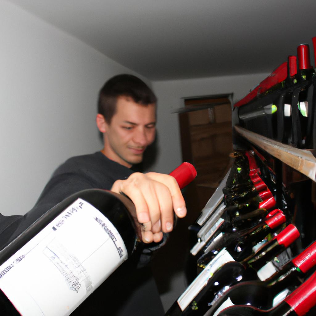 Person organizing wine bottles in cellar