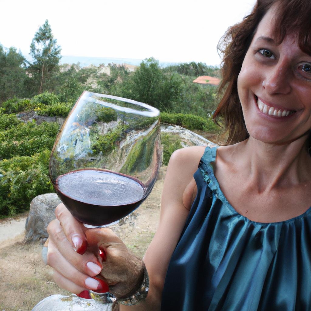 Person holding wine glass, smiling